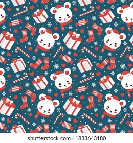 ute christmas seamless pattern with little mouse, candy and snowflakes. Vector illustration