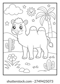 ute Desert Camel Coloring Page for Kids. Simple Cartoon Camel with Cactus and Palm Tree Line Art Printable Activity Sheet for Children.