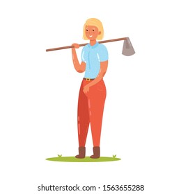  ute farmer stands with a hoe on her shoulder. Vector illustration in flat cartoon style.