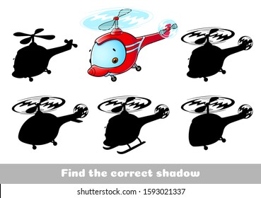 ute fire helicopter.  Find the correct shadow. Educational game for children. Cartoon vector illustration.