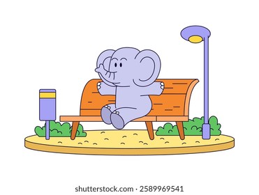 ute illustration of an elephant sitting on a park bench, ideal for children’s media and playful designs in a charming cartoon style, vector art