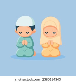 ute little muslim child couple praying solemnly - isolated vector illustration