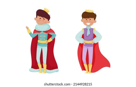 ute little prince and king set. Happy boys dressed carnival costumes cartoon vector illustration