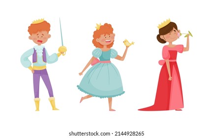 ute little prince and princess set. Adorable happy little boys and girl dressed carnival costumes cartoon vector illustration