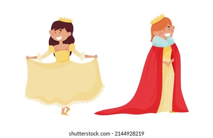 ute little princess and queen set. Adorable little girls dressed carnival costumes cartoon vector illustration