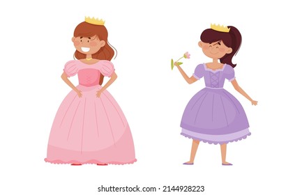 ute little princess set. Adorable little girls dressed nice dress and golden crown cartoon vector illustration