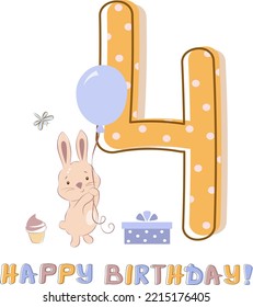 ute little rabbit, Happy birthday 4 years old. Greeting card for 4 years for children