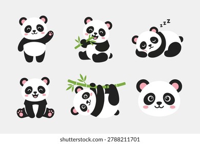 ute Panda Bear Element Set Flat Vector Kawaii Panda Clipart Bundle for Kids