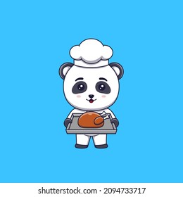 un chef panda que sostiene una bandeja de pollo asado
