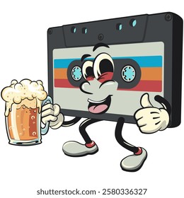 ute retro cassette vektor illustration mascot character lift a big glass of beer, work of hand drawn