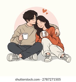 ute Romantic Couple Drinking Coffee Illustration
