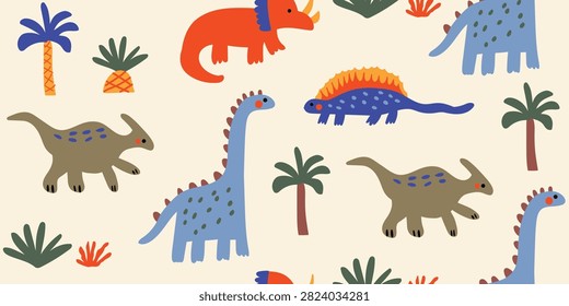 ute seamless pattern featuring colorful friendly dinosaurs, prehistoric plants and palm trees on a warm sandy paper background. Hand drawn Jurassic design in a playful Scandinavian style, perfect for nursery fabrics, children's textiles, baby rooms and dinosaur-themed decor. 100% hand drawn vector file. ute seamless pattern featuring colorful friendly dinosaurs, prehistoric plants and palm trees on a warm sandy paper background. Hand drawn Jurassic design in a playful Scandinavian style, perfect for nursery fabrics, children's textiles, baby rooms and dinosaur-themed decor. 100% hand drawn vector file.