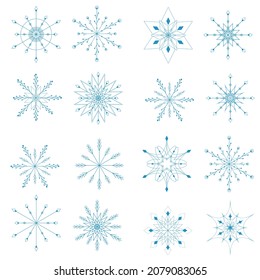 ute snowflakes collection isolated on white background. Flat snow icons, snow flakes silhouette. Nice element for christmas banner, cards. New year ornament. Organic and geometric snowflake set.