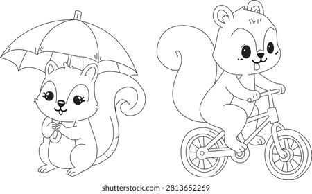 ute Squirrel with Umbrella and Bicycle Coloring Page | Kids Printable Vector