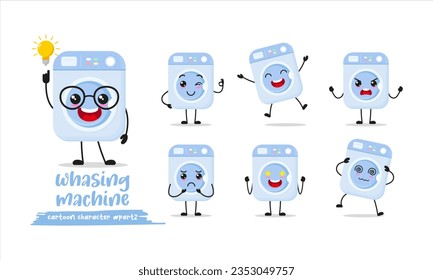 ute washing machine cartoon with many expressions. home appliance different activity pose vector illustration flat design set.