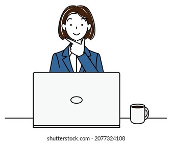 ute woman in a suit sitting in front of a computer thinking positive thoughts illustration vector