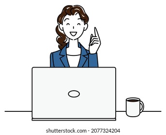 ute woman in a suit sitting in front of a computer thinking positive thoughts illustration vector