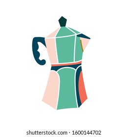Utensil for brewing coffee, vector art, isolated colorful illustration of top stove moka pot.  