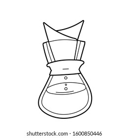 Utensil for brewing coffee, vector isolated line art, linear illustration of pour over glass coffee maker. Trendy outline ink style, good as icon, logo for coffee shop, hand drawn artwork.