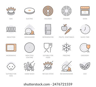 Utensil flat line icons set. Gas burner, induction stove, ceramic hob, non-stick coating, microwave, dishwasher vector illustrations. Thin signs for pan, dishes. Orange color. Editable Strokes