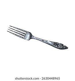 utensil fork engraved silver hand drawn. dining tableware, flatware vintage, collectible ornate utensil fork engraved silver vector sketch. isolated color illustration