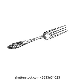 utensil fork engraved silver hand drawn. dining tableware, flatware vintage, collectible ornate utensil fork engraved silver vector sketch. isolated black illustration