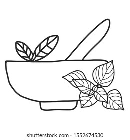 Utensil for grinding herbs. Herb grinder crusher. Tool with basil icon. Making natural oils or herb tea. Vector isolated on white background.