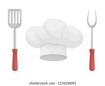 Utensil and hat of chef vector badge in cartoon style. White headpiece between metal fork and kitchen spatula with wooden or plastic handles isolated