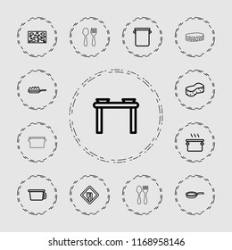 Utensil icon. collection of 13 utensil outline icons such as sponge, pan, pot, table with plates and pan, restaurant. editable utensil icons for web and mobile.