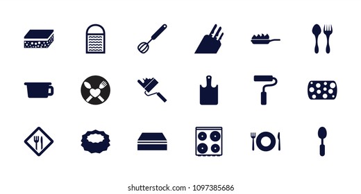 Utensil icon. collection of 18 utensil filled icons such as plate fork and spoon, sponge, cooker, pot, spoon, paint roller. editable utensil icons for web and mobile.