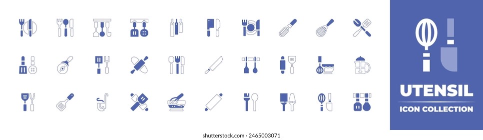 Utensil icon collection. Duotone style line stroke and bold. Vector illustration. Containing utensils, cooking utensils, kitchen utensils, whisk, rolling pin, ladle, cutlery, turner, kitchen tools.