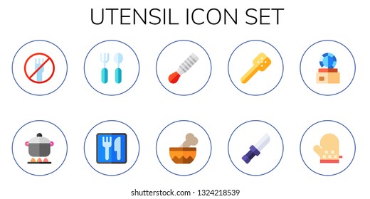 utensil icon set. 10 flat utensil icons.  Collection Of - cutlery, pot, restaurant, spatula, bowl, slotted spoon, knife, dish, kitchen