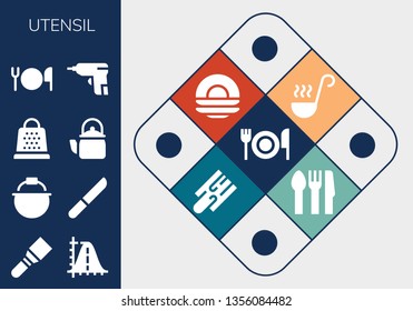 utensil icon set. 13 filled utensil icons.  Collection Of - Fork, Spatula, Parabola, Pot, Knife, Grater, Kettle, Cutlery, Caulk gun, Ladle, Dish, Cutting board