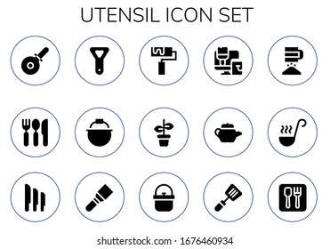 utensil icon set. 15 filled utensil icons.  Simple modern icons such as: Pizza cutter, Cutlery, Bottle opener, Pot, Roller, Paint roller, Tea pot, Sieve, Ladle, Knives, Spatula