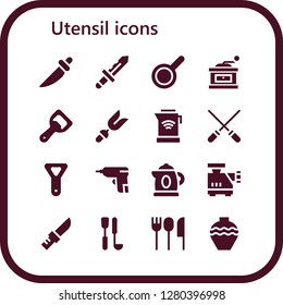  utensil icon set. 16 filled utensil icons. Simple modern icons about  - Knife, Pan, Grinder, Bottle opener, Fork, Kettle, Skewers, Caulk gun, Meat grinder, Soup ladle, Cutlery