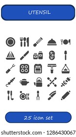  utensil icon set. 25 filled utensil icons. Simple modern icons about  - Dish, Cutlery, Spatula, Dinner, Juicer, Knife, Pots, Sponge, Spoon, Fork, Stove, Paint roller, Pot, Skewer