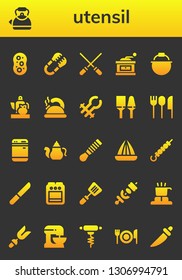 utensil icon set. 26 filled utensil icons.  Collection Of - Sponge, Kettle, Tongs, Skewers, Grinder, Pot, Teapot, Utensils, Cutlery, Dishwasher, Spatula, Juicer, Skewer, Knife