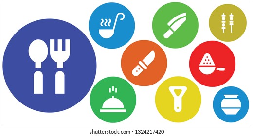 utensil icon set. 9 filled utensil icons.  Collection Of - Spoon, Ladle, Knife, Meal, Bottle opener, Skewers, Pottery