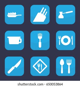 Utensil icon. set of 9 filled utensil icons such as spoon and fork, plate fork and spoon, fork, restaurant, pan-fry, knife, turk