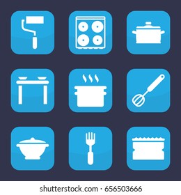 Utensil icon. set of 9 filled utensil icons such as sponge, cooker, roller, fork, corolla, pan