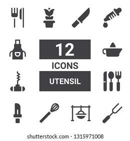utensil icon set. Collection of 12 filled utensil icons included Fork, Cooking, Whisk, Knife, Cutlery, Bottle opener, Citrus juicer, Pot, Dropper, Apron, Restaurant