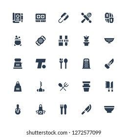 utensil icon set. Collection of 25 filled utensil icons included Bowl, Knife, Cutlery, Apron, Pizza cutter, Knives, Pot, Bottle opener, Grater, Utensils, Turner, Toaster, Colander