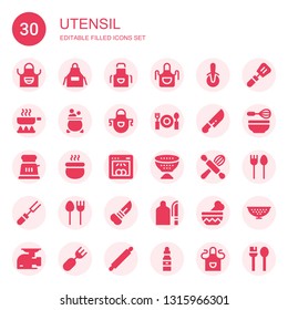utensil icon set. Collection of 30 filled utensil icons included Apron, Pizza cutter, Frying pan, Pot, Dinner, Knife, Toaster, Dishwasher, Strainer, Cooking, Fork, Cutlery, Cutting board