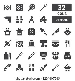 utensil icon set. Collection of 32 filled utensil icons included Bowl, Fork, Ladle, Cutlery, Apron, Dropper, Toaster, Pot, Strainer, Tongs, Cutting board, Restaurant, Pottery