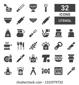 utensil icon set. Collection of 32 filled utensil icons included Whisk, Dishwasher, Dinner, Pruning shears, Apron, Pot, Pottery, Turner, Eyedropper, Washing dishes, Knife, Bottle opener