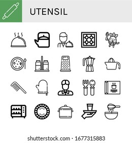 utensil icon set. Collection of Rolling pin, Cloche, Teapot, Waiter, Stove, Eating, Soup, Salt and pepper, Grater, Moka pot, Juicer, Comb, Oven mitt, Cutlery, Toaster, Plate icons