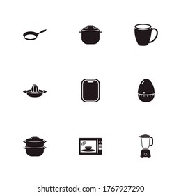 Utensil icon set and double boiler with pot, lemon squeezer and blender. Saucepan related utensil icon vector for web UI logo design.