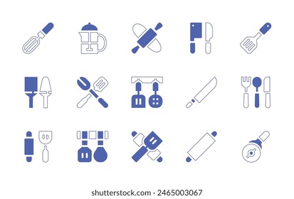 Utensil icon set. Duotone style line stroke and bold. Vector illustration. Containing kitchen utensils, rolling pin, utensils, turner, french press, kitchen tools, pizza cutter, whisk, knife.