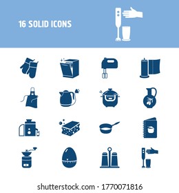 Utensil icon set and hand blender with coffee grinder, olive oil and kitchen paper. Gloves related utensil icon vector for web UI logo design.