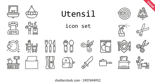 utensil icon set. line icon style. utensil related icons such as sink, setting the table, cutlery, waffle iron, plate, scissors, meal, knife, tools and utensils, napkin, pot, sharpener, stove